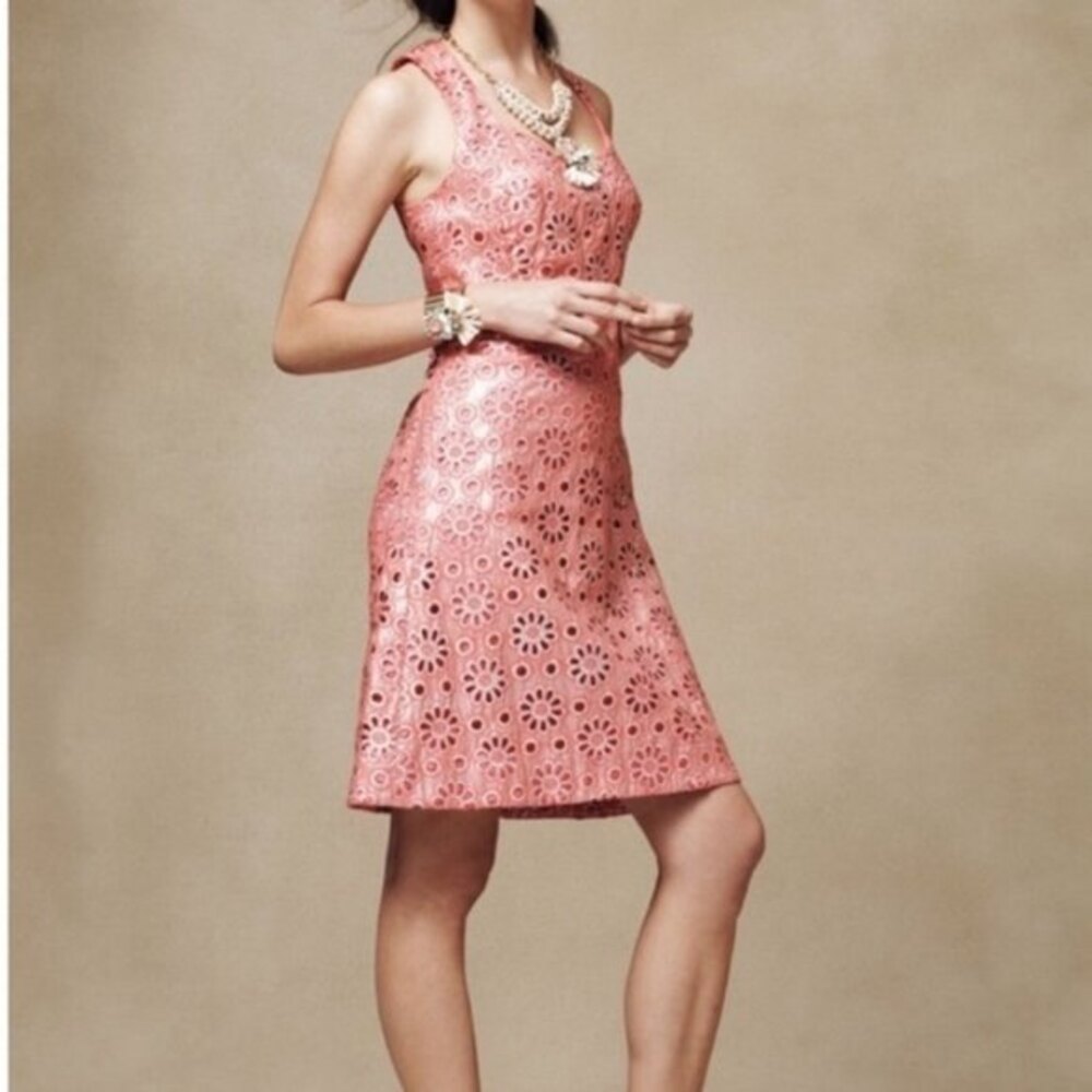 Maeve Anthropologie Coralshine Dress Pink Floral Metallic Eyelet Size 4 Lined